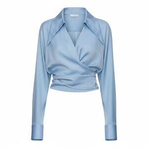 NWT Blue Satin Long Sleeve Wrap Blouse - Size M, L